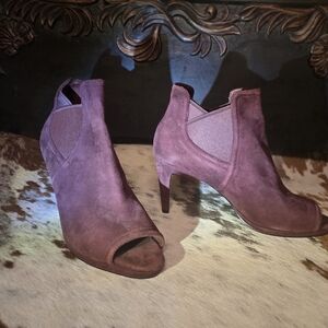 Burgundy, Suede, Open-toe Booty Heels